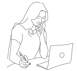 Line drawing of girl in front of computer